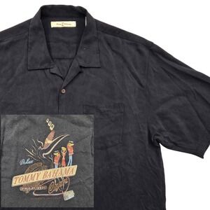 Tommy Bahama Silk Pelican Cigars Back Embroidered Shirt Black Mens XL *READ